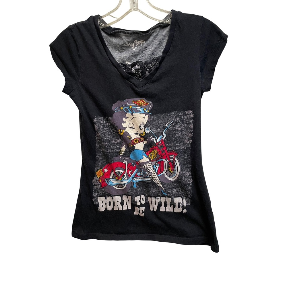 Betty Boop Born to Be Wild Biker Babe Graphic V-Neck Lace Trim T-Shirt Black M